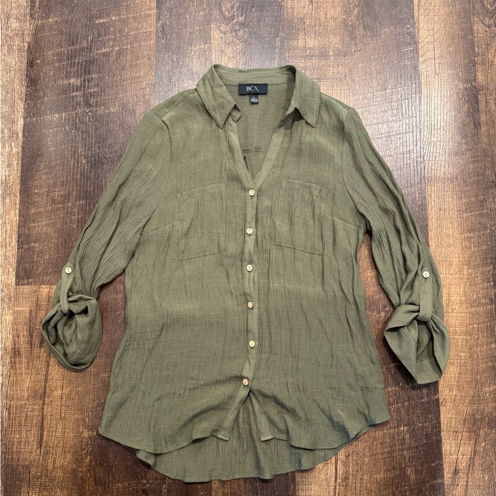 BCX Olive Green Textured linen Blouse